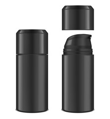 Open and closed blank black mist spray bottle, vector mockup. Beauty grooming product packaging container isolated on white background, mock-up for design