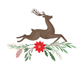 Jumping Brown Deer and Winter Twigs and Flower Composition Beneath It Vector Illustration