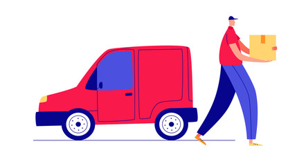 Colored vector flat style illustration. A man with a parcel in his hands. Delivery man near the car.