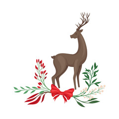 Standing Reindeer Vector Illustration Decorated with Winter Twigs and Leaves