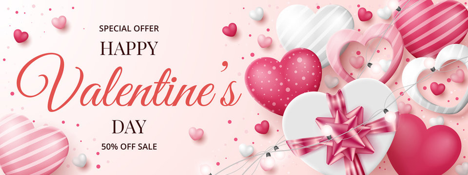 Valentine's day sale banner template with 3D hearts, shining lights and gift box. Vector illustration