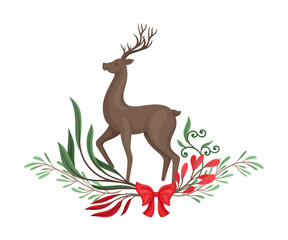 Standing Reindeer Vector Illustration Decorated with Winter Twigs and Leaves