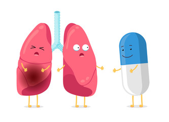 Unhealthy illness and strong healthy lungs character with smiling pill drug. Suffering sick cartoon pneumonia lung mascot and antibiotic capsule. Human respiratory internal organ vector illusrtation