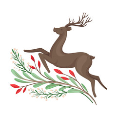 Runnig Brown Deer and Winter Twigs and Flower Composition Beneath It Vector Illustration