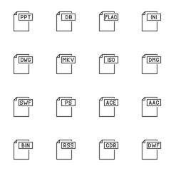 Document File Format line icons set. File types linear style symbols collection, outline signs pack. vector graphics. Set includes icons as flac, iso, dmg, ppt, ini, swf, ace, cdr, dwf, bin, mkv, rss