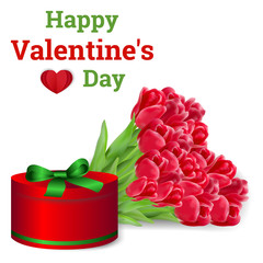 Happy Valentine's Day greeting card. Vector illustration with a large bouquet of red tulips, a heart and a gift box on a white background. Design for paper, prints, brochure, cover, banners etc.