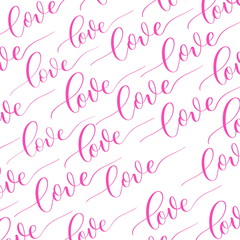 White background with pink calligraphy inscription Love.