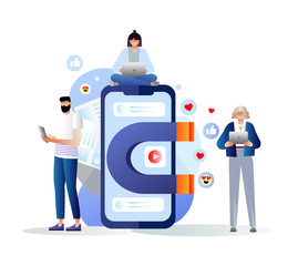 Social media concept with characters. Vector illustration of a big magnet attracts likes, followers. Influencer, blogger creating online content. Media marketing, SEO, content manager job