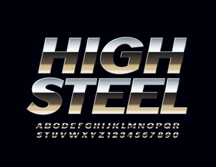 Obraz premium Vector Steel Font. Reflective Metallic Alphabet Letters and Numbers.