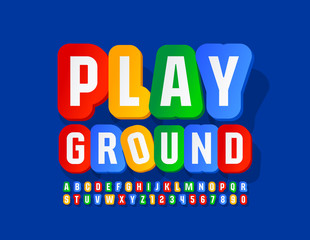Vector bright emblem Playground with sticker Alphabet Letters and Numbers. Colorful Kids Font