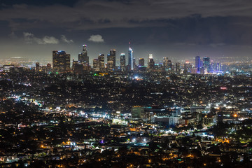 Obraz premium Aerial night view of downtown Los Angeles skyline; California