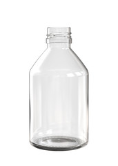 Empty Clear Glass Pharmaceutical Medicine or Chemical Solvent Bottle Isolated on White. 3D Close Up Illustration.