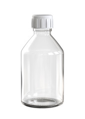 Empty Clear Glass Pharmaceutical Medicine or Chemical Solvent Bottle with Cap. 3D Close Up Illustration Isolated on White.