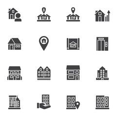 Real estate vector icons set, modern solid symbol collection, filled style pictogram pack. Signs, logo illustration. Set includes icons as real estate agent, rent house, home map pin, office building