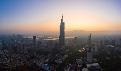 Skyline of Nanjing City at Sunrise Taken with A Drone