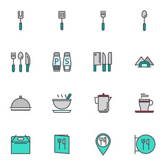 Restaurant cutlery elements collection, flat icons set, Colorful symbols pack contains - fork, spoon, knife, salt and pepper shaker, butcher, napkins, food tray. Vector illustration. Flat style design