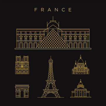 Golden Paris France landmark set logo icon design template. Line, elegant, luxury, modern vector illustration
