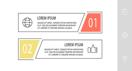 Vector infographic flat template. Shape with icons for two diagrams, graph, flowchart, step for step, timeline, marketing, presentation. Business concept with 2 labels