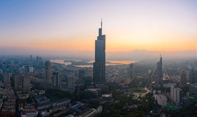 Fototapeta na wymiar Skyline of Nanjing City at Sunrise Taken with A Drone