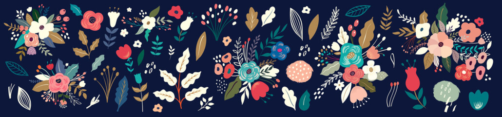 Beautiful romantic flower collection with roses, leaves, floral bouquets, flower compositions.  Notebook cover