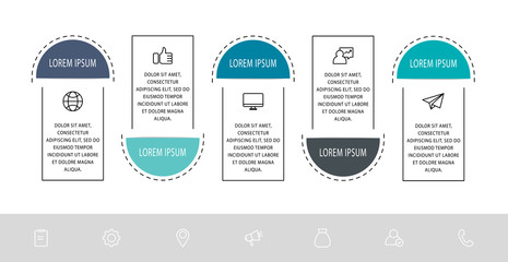 Vector infographic flat template. Shape with icons for five diagrams, graph, flowchart, timeline, workflow, web. Business concept with 5 labels