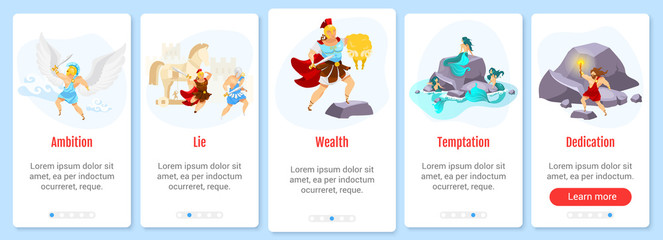 Greek mythology onboarding mobile app screen vector template. Mythological heroes and fighters. Walkthrough website steps with flat characters. UX, UI, GUI smartphone cartoon interface concept