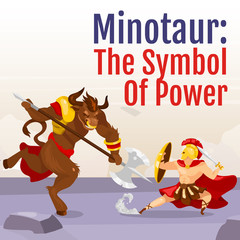 Symbol of power social media post mockup. Minotaur and Theseus. Greek mythological fight. Web banner design template. Social media booster, content layout. Poster with flat illustrations