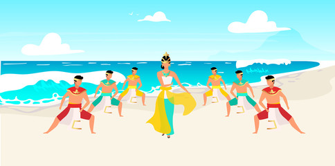 Indonesian dances flat vector illustration. Traditional celebration on ocean shore. Waterscape. Asian celebration. Men and woman dressed in traditional clothing cartoon characters