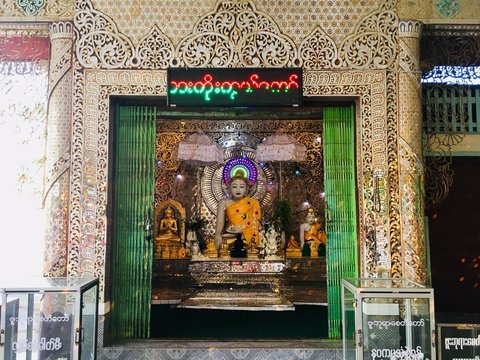 Buddha image Burmese style in temple hall at Bupaya pagoda in Bagan city, Myanmar