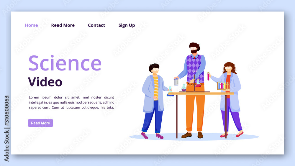 Poster science video landing page vector template. visual chemistry experiment website interface idea with 
