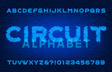 Circuit alphabet font. Neon color letters and numbers. Stock vector computer technology typescript.