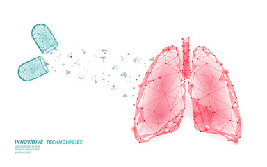 3D human lungs medicine treatment concept. Respiratory virus infection cancep danger. Pill capsule drug therapy tuberculosis hospital poster template vector illustration
