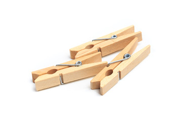 Brown wood clothes peg or clothespin on white background. - Image