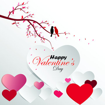 Paper Cut Hearts On White Background With Twin Birds On Tree, Happy Valentine's Day.