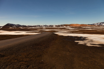 Snowy calm multicolored spring landscape of Iceland