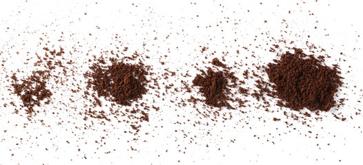 Set powdered, instant coffee pile isolated on white background, top view