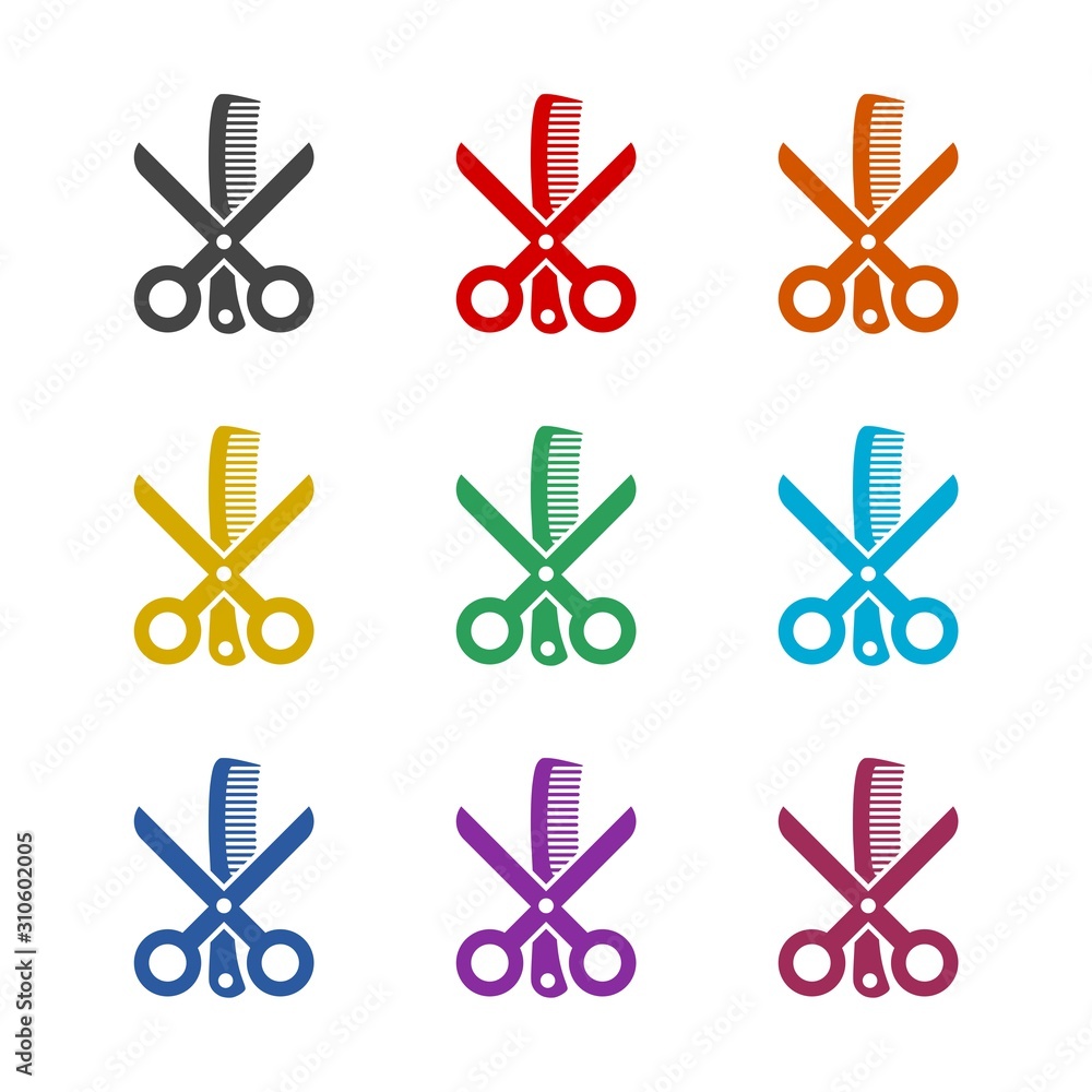 Poster scissors and comb color icon set isolated on white background