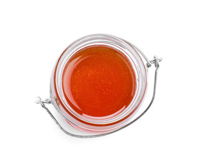 Jar of organic honey isolated on white, top view