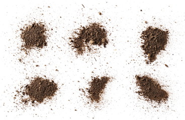 Set dirt, soil pile isolated on white background with clipping path, top view