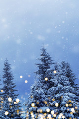 Hochkant Weihnachtskarte, Grusskarte mit schneebedeckten Bäumen und goldenen Lichtern