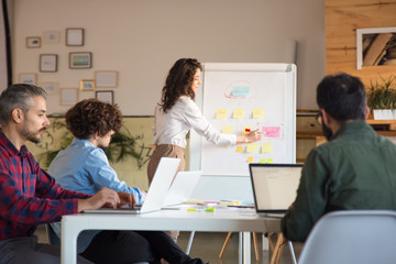 Female manager drawing on whiteboard, team brainstorming and analyzing flowchart. Business...