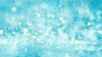 Brilliant festive winter background with neon glow. Falling snowflakes, blurry lights. Magic particles