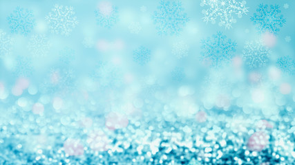 Brilliant festive winter background with neon glow. Falling snowflakes, blurry lights. Magic particles