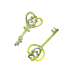 hand drawn watercolor illustration of love keys isolated. Love concept and valentines day design elements.