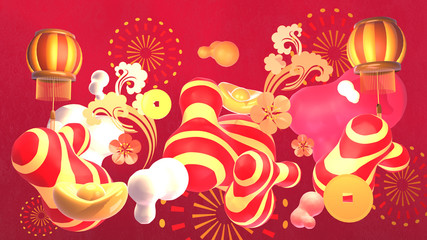 Obraz na płótnie Canvas Chinese New Year ornaments and paper art style fireworks greeting card. 3d rendering picture.