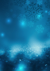 Brilliant festive winter background with neon glow. Falling snowflakes, blurry lights. Magic particles