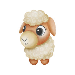 Watercolor hand painted cute big-eyed lamb isolated on white background