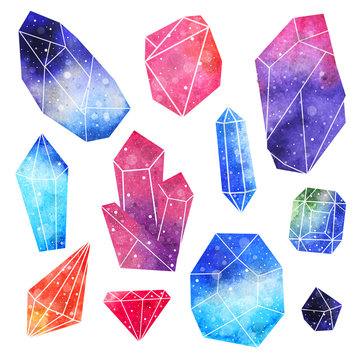 Colorful Watercolor Gem Set. Beautiful Crystal Collection. Vector Illustration.