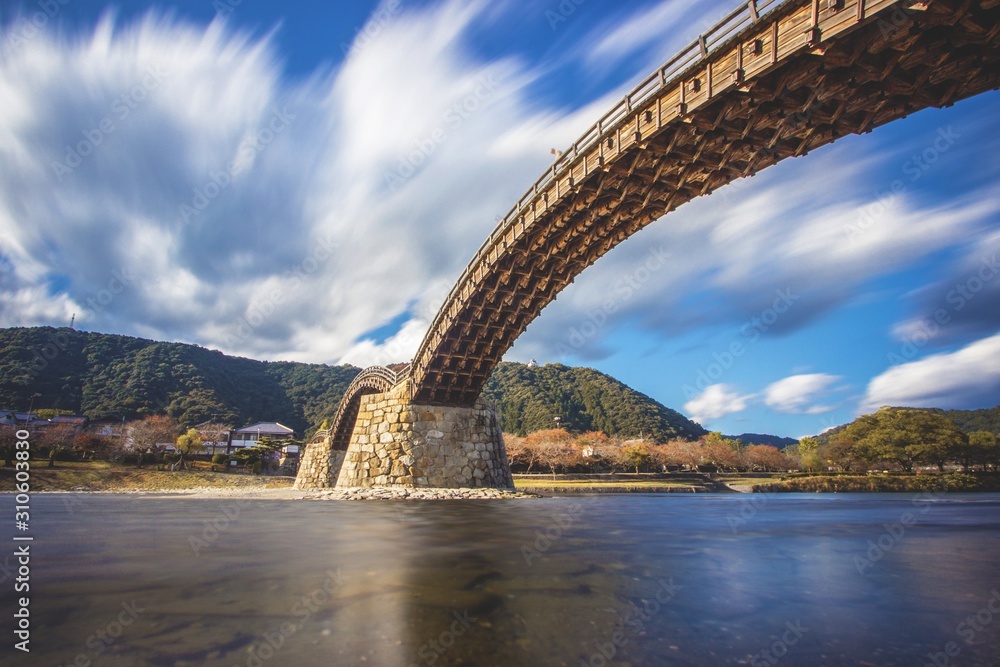 Sticker beautifully captured long exposure shot of the kintaikyo bridge in iwakuni, japan