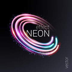 Vector. Vortex streams of neon light. Radial color circles. Lines in the shape of a comet against a dark background. The effect of energy and speed. Template for banners, brochures, cards..